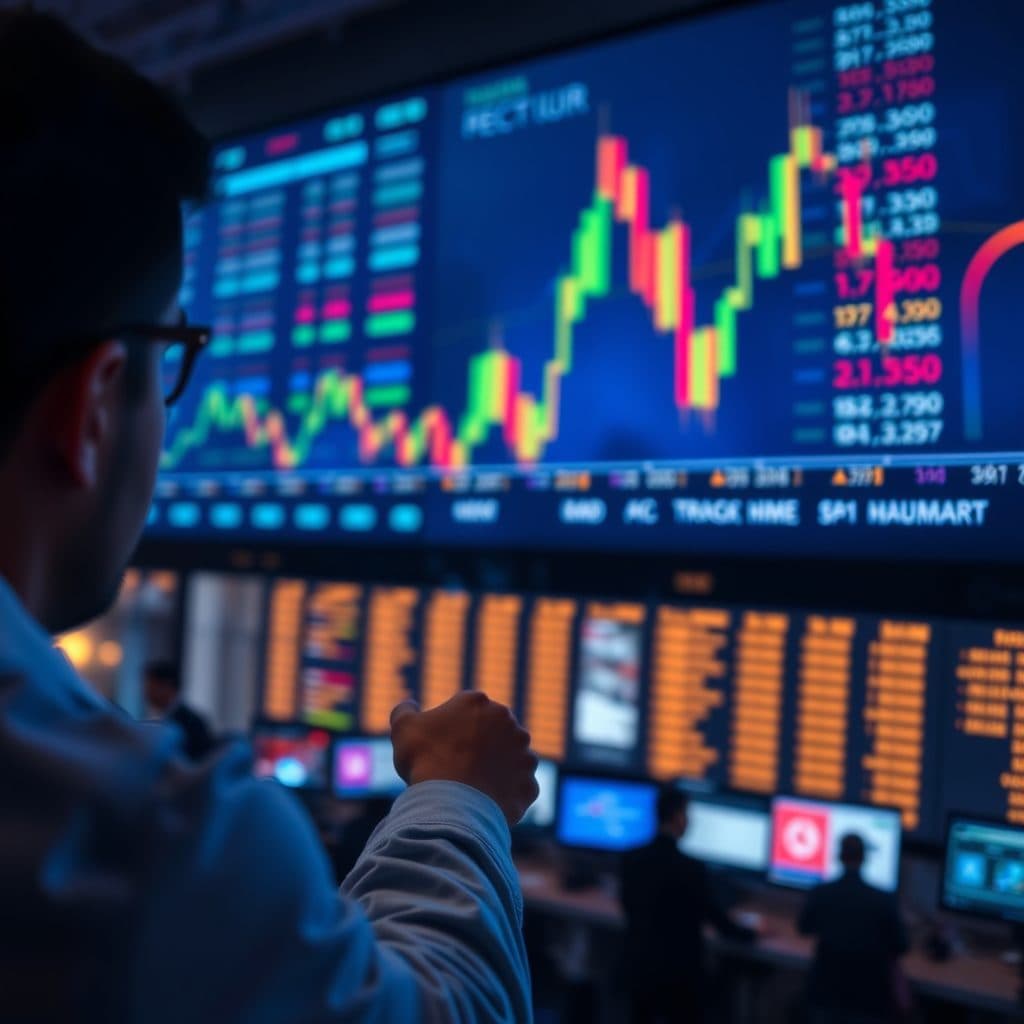 Trader watching a live candlestick chart on a market screen